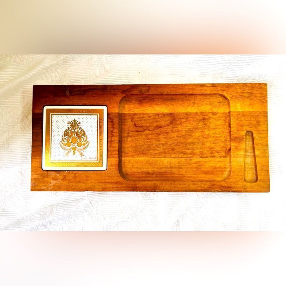George Briar Teak Wood & Tile MCM‎ Ceramic Serving Tray Charcuterie Board Vtg
